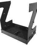Hardcore Portable Compact Flight Case Table Built For Mobile DJs And Gig Crews Featuring Tough Handles Easy Glide Wheels Glossy Black Top Red TSA Lock Kit open design showing interior.