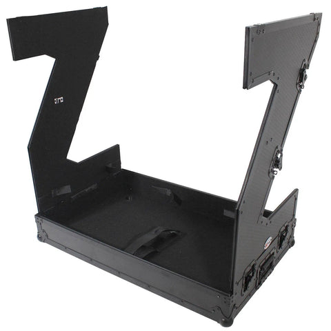 Hardcore Portable Compact Flight Case Table Built For Mobile DJs And Gig Crews Featuring Tough Handles Easy Glide Wheels Glossy Black Top Red TSA Lock Kit open design showing interior.
