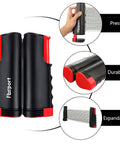 Portable Ping Pong Paddle Set With Retractable Net showing black and red expandable net component and durability features.
