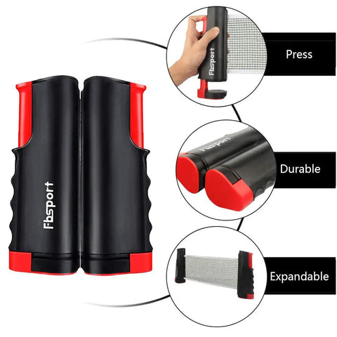 Portable Ping Pong Paddle Set With Retractable Net showing black and red expandable net component and durability features.