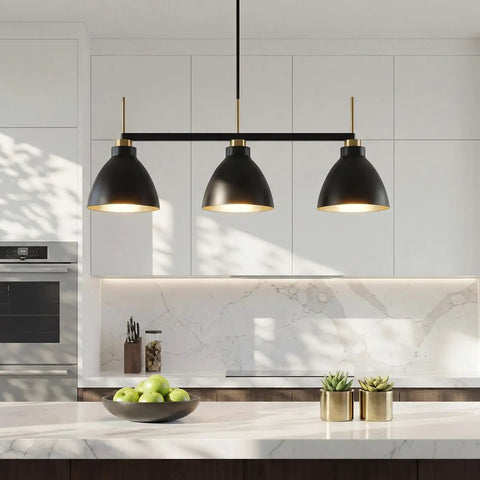 Black And Gold 3 Light Linear Kitchen Island Pendant With Adjustable Rods installed in modern kitchen over island.