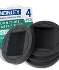 Heavy Duty Black Furniture Stopper 4 Pack Non Slip Rubber Wheel Cups displayed with packaging for use on hardwood and carpet.