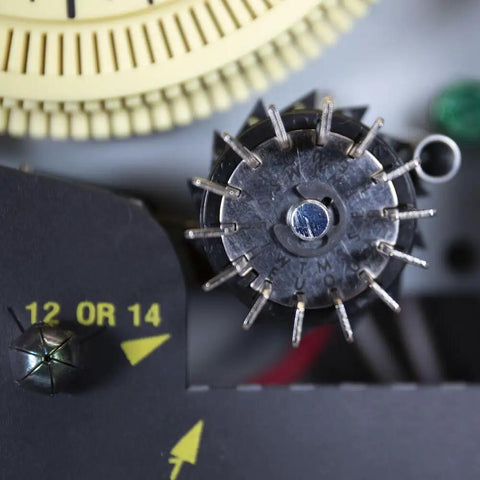 Close-up of 14 Day Skipper Sprinkler Timer With Customizable Water Conservation And Rain Ready Design dial and settings