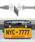 Badass Gold Spike License Plate Bolts And Screw Fastener Kit For Trucks And Cars shows installation parts with a New York license plate.