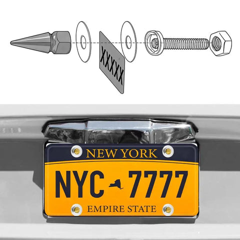 Badass Gold Spike License Plate Bolts And Screw Fastener Kit For Trucks And Cars shows installation parts with a New York license plate.