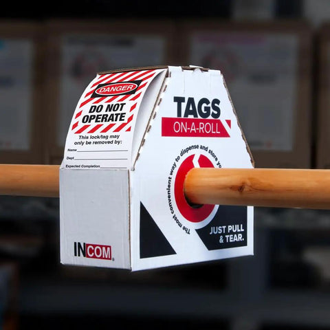 All Weather Lockout Tags On A Roll Built Tough As Nails For Rough Job Sites, 10mil DuraPly stock dispenser box with tags.