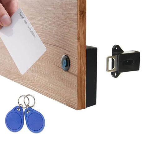 RFID Cabinet Lock System With USB Cable For Wooden Drawers And Cupboards, showing lock setup and RFID FOB keys