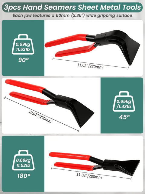 3 Piece Hand Seamers Sheet Metal Tools with Straight Jaw 45 Degree Jaw and 90 Degree Jaw for Pro Grade Metal Bending Pliers Set