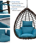 All Weather Egg Chair Cushion With Headrest Waterproof And UV Protected Thick Overstuffed Seat And Back For Indoor Outdoor Hanging Basket Swing Comfy Replacement Cushion For Patio Garden Furniture shown with strap and zipper details.