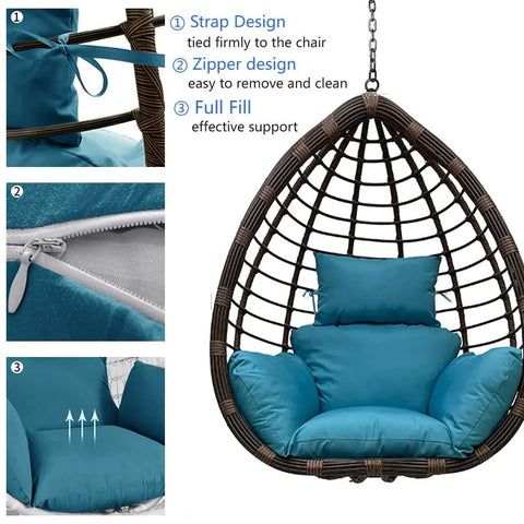 All Weather Egg Chair Cushion With Headrest Waterproof And UV Protected Thick Overstuffed Seat And Back For Indoor Outdoor Hanging Basket Swing Comfy Replacement Cushion For Patio Garden Furniture shown with strap and zipper details.