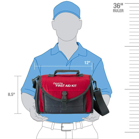 Red 24/7 First Aid Coaches' sports first aid kit bag with black strap, front view.