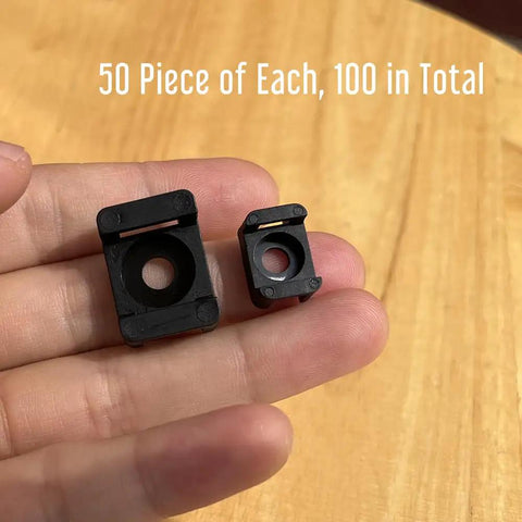 Two Size Cable Tie Saddle Base Mounts for Securing Cables Wires and Cords 100 Piece Set held in hand, showing size difference