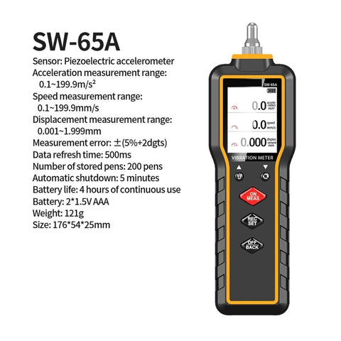 Handheld Vibe Meter For Quick Diagnostics Digital Vibration Measuring Tool With Piezo Sensor SW 65A And SW 63A Compatibility For Machinery Motors And Equipment Maintenance Real Time Readouts, 176x54x25mm