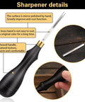 Close-up of Leather Edge Beveler Set With Sandalwood Handles - 5 Size Skiving Kit, featuring a polished handle and sharpener details.