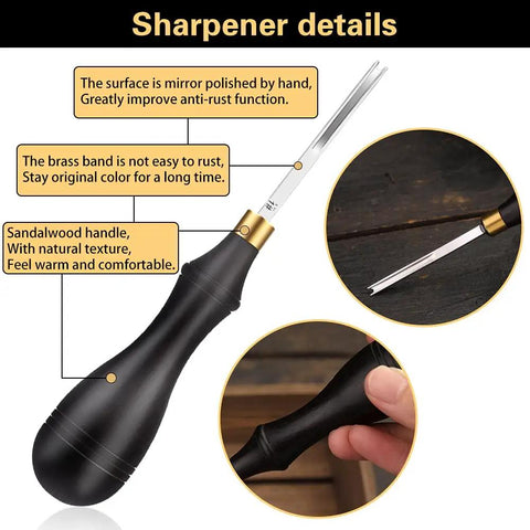 Close-up of Leather Edge Beveler Set With Sandalwood Handles - 5 Size Skiving Kit, featuring a polished handle and sharpener details.