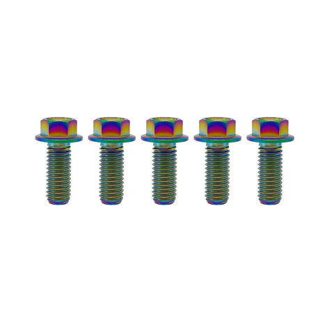 Five rainbow titanium flanged hex bolts, M6x1.0x16mm, 6AL4V aerospace Ti for motorcycle and car modification