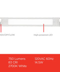 24 Inch Plug In Linkable Under Cabinet Light With High Low Off Switch For Dope Warm White 2700K LED Kitchen Lighting 750 Lumens 83 CRI Slim Flat Fixture For Under Cabinet And Countertops with specifications