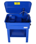 Heavy Duty 20 Gallon Parts Washer With 110V Electric Pump And Flexible Gooseneck Spray Wand, blue tub with open lid and spray wand.