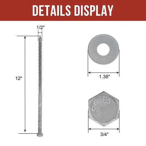 Half Inch By Twelve Inch Lag Bolts With Washers, 12 Pack, Hot Dip Galvanized Carbon Steel Lag Screws For Outdoor Wood diagram
