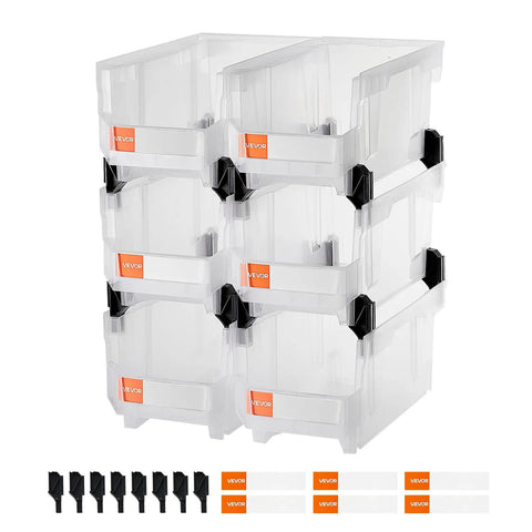 Clear Stackable Storage Bins 6 Pack, 14.8 By 8.5 By 7.1 Inches, Durable Plastic Containers stacked front view