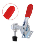 Beefy toggle clamp with quick release, vertical handle, showing metal construction and red grip. Suitable for 227 kg holding capacity.