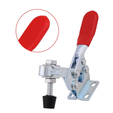 Beefy toggle clamp with quick release, vertical handle, showing metal construction and red grip. Suitable for 227 kg holding capacity.