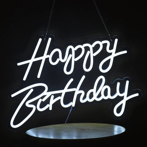 Decked Out Birthday Neon Sign Wall Decor With Dimmable USB Power Switch Reusable White Neon Light For All Party Decorations Desktop Or Wall Display 17 By 12 Inches Great For Birthdays Events Home Decor Desk Or Wall Mount displayed against a dark background.