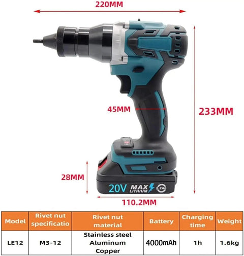 Badass Cordless Electric Rivet Gun And Auto Rivet Nut Tool featuring a brushless motor, ideal for M3 to M12 fastening.
