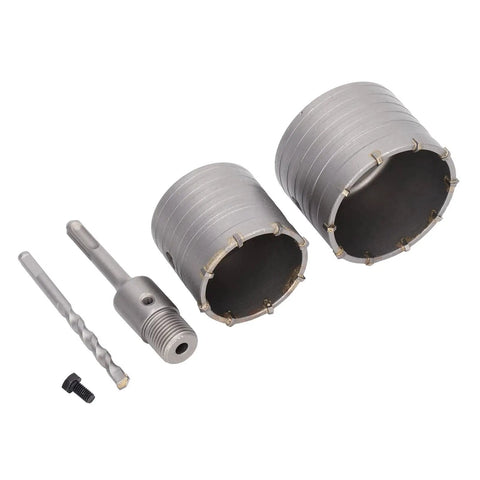 Heavy Duty 5 Pc Concrete Hole Saw Set With Yg8 Alloy Cutters And 45 Steel Core Drill Bits For Masonry Brick Wall Openings Up To 65 Or 80 Mm Wide Holes In Cement, 65mm and 80mm cutters with shank
