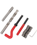 Heavy Duty M12 X 1.25 Thread Repair Kit With High Strength HSS Steel Inserts For Damaged Threads, Includes Drill Bits And Taps, Auto Engine Repair Tools With Red Handle, shown with taps, drill, inserts
