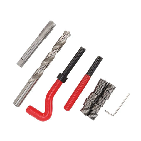 Heavy Duty M12 X 1.25 Thread Repair Kit With High Strength HSS Steel Inserts For Damaged Threads, Includes Drill Bits And Taps, Auto Engine Repair Tools With Red Handle, shown with taps, drill, inserts
