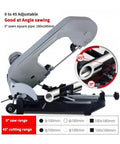 Handheld Portable Band Saw Station Powered By A Beefy 250W Motor, Tears Through Hardwood And Steel Like Butter, Removable Alloy Base For Heavy Duty Cutting Tasks And Weekend Builds, showing adjustable angle sawing with cutting range.