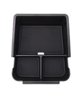 Custom Fit Center Console Organizer For Tesla Cybertruck Lower Armrest Storage Tray Upgrade 2024 Through 2026, black ABS construction.