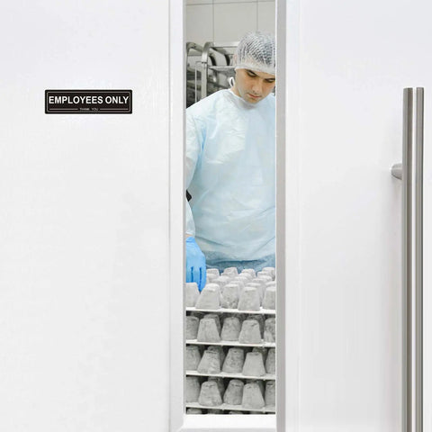 Four Pack Self Adhesive Employees Only Sign For Doors, Built To Last With 80Mil Acrylic, Staff Only Sign visible on door.