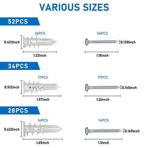 Heavy Duty Self Drilling Drywall Anchors And Screws Kit With 114 Pieces showing various sizes of anchors and screws for secure wall mounting.