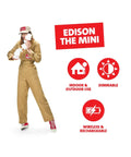 Person holding Edison The Mini Set of 3 Grab-and-Go Portable LED Lamps, features icons for indoor/outdoor, dimmable, and rechargeable use.