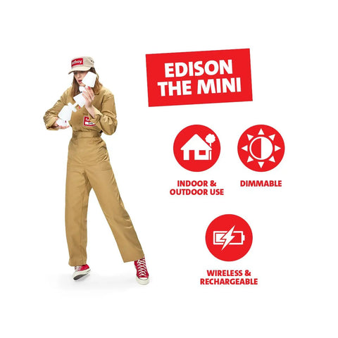 Person holding Edison The Mini Set of 3 Grab-and-Go Portable LED Lamps, features icons for indoor/outdoor, dimmable, and rechargeable use.