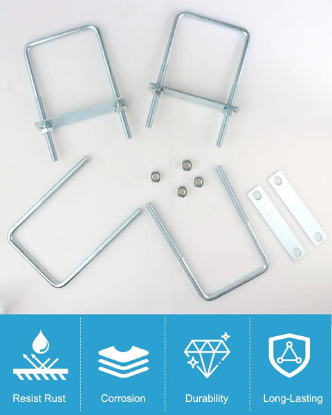 Flat lay of Square U Bolts 4 Inch Wide Zinc Plated Carbon Steel For Sailboat Trailers Tubes And Industrial Use with nuts and plates.