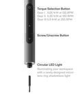 Mini Electric Screwdriver Kit With 56 Bits Three Torque Settings Auto Stop Protection LED Light buttons and features diagram