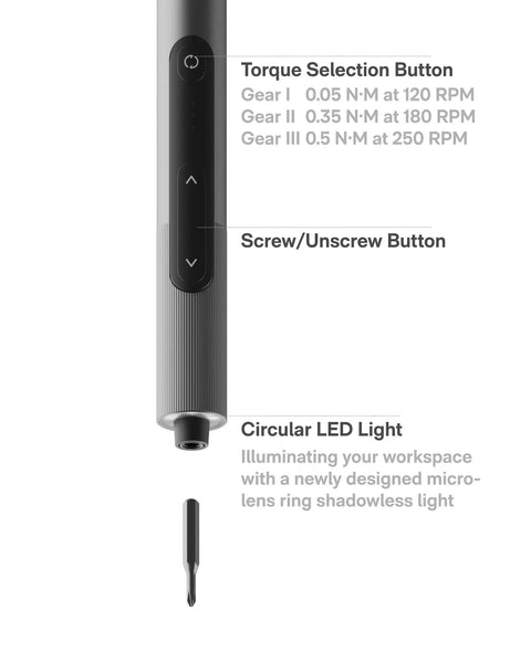 Mini Electric Screwdriver Kit With 56 Bits Three Torque Settings Auto Stop Protection LED Light buttons and features diagram