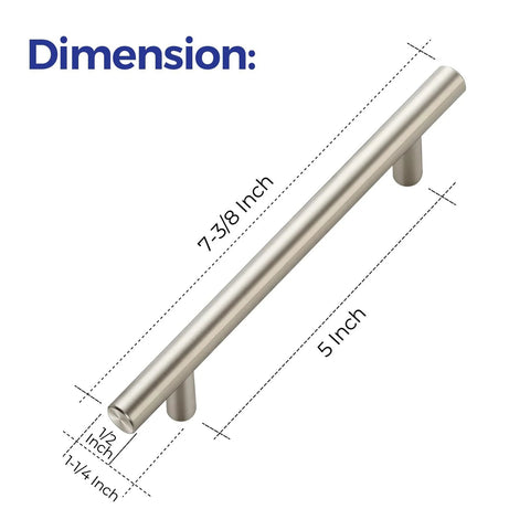Diagram of 30 Pack Brushed Nickel Cabinet Pulls 7-3/8 Inch Total Length 1/2 Inch Diameter 5 Inch Center to Center dimensions.