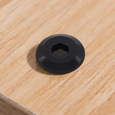 Top Shelf Heavy Duty 1/4-20 X 2 Inch Furniture Connector Bolts And Barrel Nuts Kit With Hex Key In Black 304 Stainless Steel, barrel nut on wood.