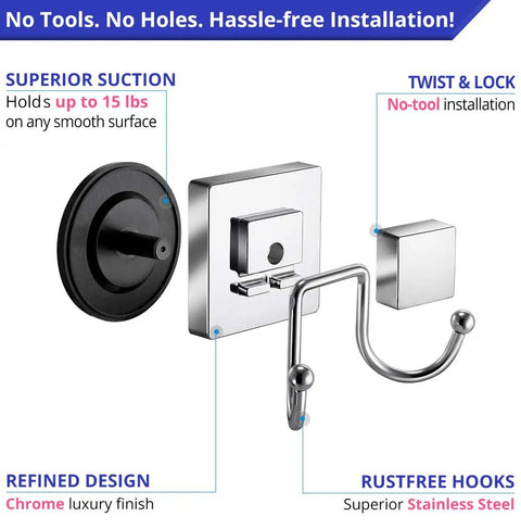 No Drill Suction Cup Hooks For Shower And Bathroom Glass Door Tile 2 Pack Chrome with twist lock design and stainless steel