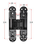 Matte Black 3D Adjustable Self Closing Hydraulic Hidden Door Hinge with measurements for interior doors.