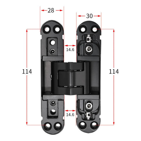 Matte Black 3D Adjustable Self Closing Hydraulic Hidden Door Hinge with measurements for interior doors.