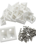 Twenty Piece Pack Of White Right Angle Brackets Heavy Duty Plastic L Shape Corner Braces For Woodworking Diy Builds Durable Corrosion Proof Hardware Fasteners Built To Rock with screws.