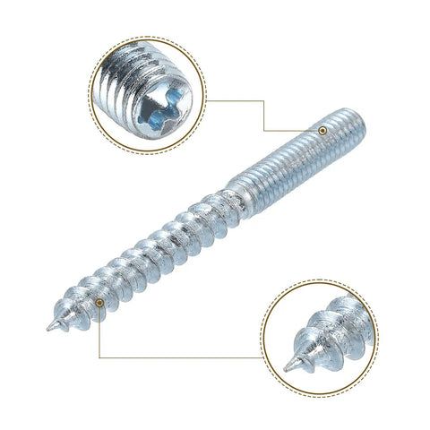 Solid M6 X60mm Hanger Bolts And Heavy Duty Self Tapping Wood Dowel Screws Coupled With Eight M6 Hex Inserts close-up view of threaded screw