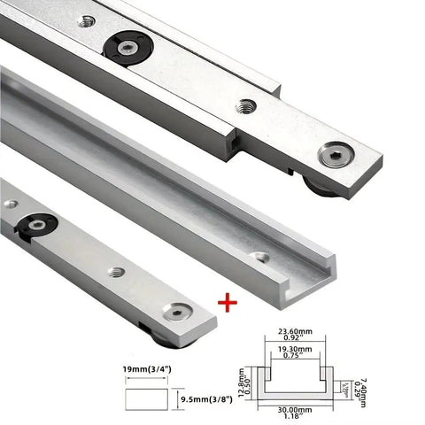 Close-up of T Track And Miter Track Jig Kit for woodworking table saws, showing aluminum alloy tracks with dimensions diagram.