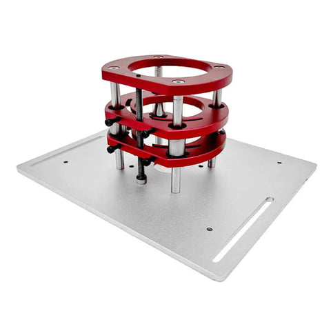 Built Tough Aluminum Router Table Insert Plate With Alignment Rings For DIY Woodworking Benches, red adjustment rings visible.