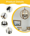 Orb 6 Light Farmhouse Chandelier In Brown Wood Finish With Globe Design displayed in a dining room setting with close-up details.